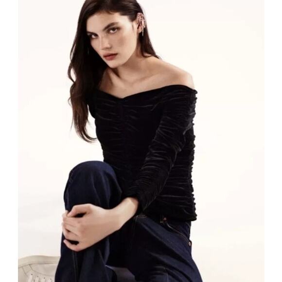 Zara Womens Velvet Off The Shoulder Ruched Pullover Top XS Black Gathered Goth - Picture 1 of 11